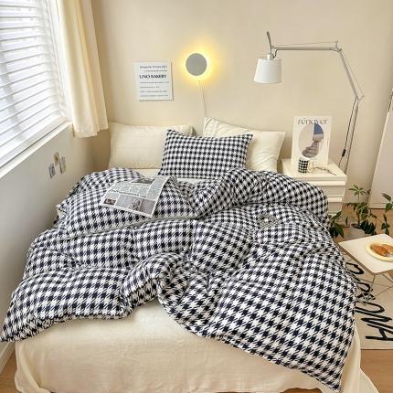 怡家居2022新款高克重牛奶绒千鸟格纯色混搭四件套 千鸟格黑