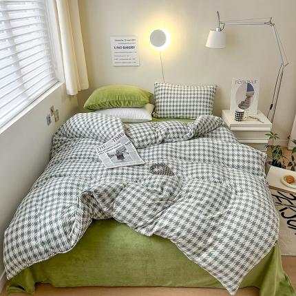 怡家居2022新款高克重牛奶绒千鸟格纯色混搭四件套 千鸟格绿