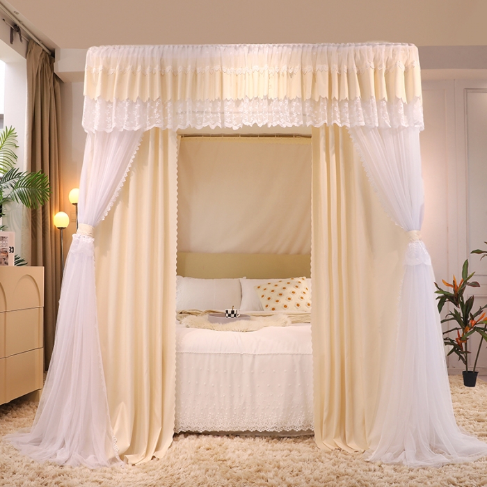 91家纺网 家纺一手货源 找家纺 艾晶美 2022新款双杆双层奶油风床幔蚊帐 奶油黄