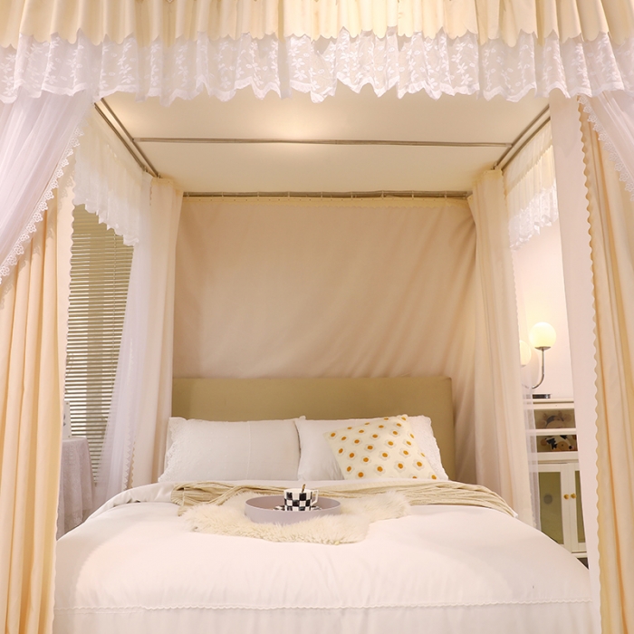 91家纺网 家纺一手货源 找家纺 艾晶美 2022新款双杆双层奶油风床幔蚊帐 奶油黄