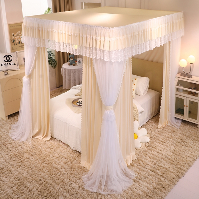 91家纺网 家纺一手货源 找家纺 艾晶美 2022新款双杆双层奶油风床幔蚊帐 奶油黄