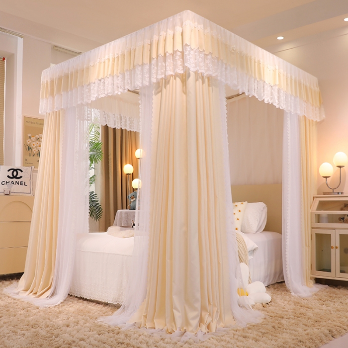 91家纺网 家纺一手货源 找家纺 艾晶美 2022新款双杆双层奶油风床幔蚊帐 奶油黄