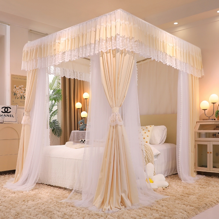 91家纺网 家纺一手货源 找家纺 艾晶美 2022新款双杆双层奶油风床幔蚊帐 奶油黄