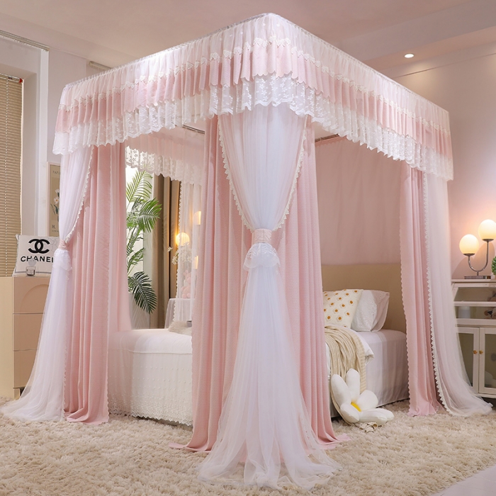91家纺网 家纺一手货源 找家纺 艾晶美 2022新款双杆双层奶油风床幔蚊帐 珊瑚粉