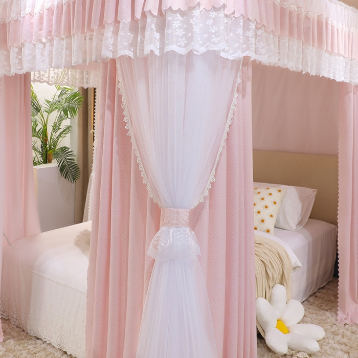 91家纺网 家纺一手货源 找家纺 艾晶美 2022新款双杆双层奶油风床幔蚊帐 珊瑚粉