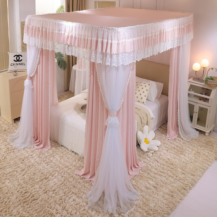 91家纺网 家纺一手货源 找家纺 艾晶美 2022新款双杆双层奶油风床幔蚊帐 珊瑚粉