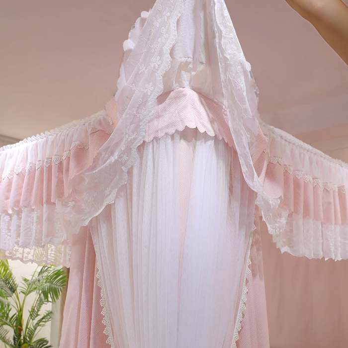 91家纺网 家纺一手货源 找家纺 艾晶美 2022新款双杆双层奶油风床幔蚊帐 珊瑚粉