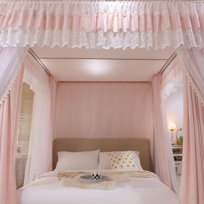 91家纺网 家纺一手货源 找家纺 艾晶美 2022新款双杆双层奶油风床幔蚊帐 珊瑚粉