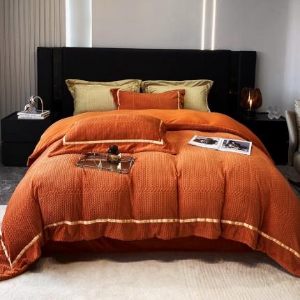 91家纺网 家纺一手货源 找家纺 朵美 2022新款雕花保暖绒四件套-宽边织带款 爱芙罗（橙）