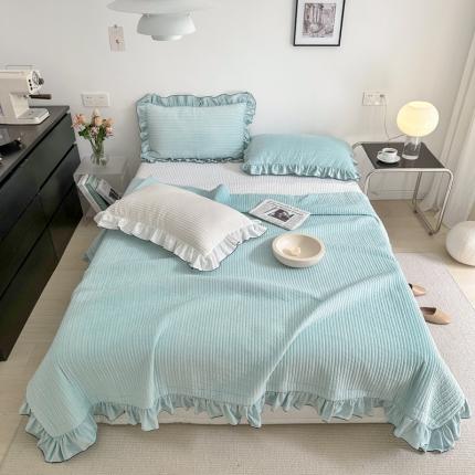 91家纺网 家纺一手货源 找家纺 漫调2022新款纯色宝宝绒荷叶边床盖三件套 水绿