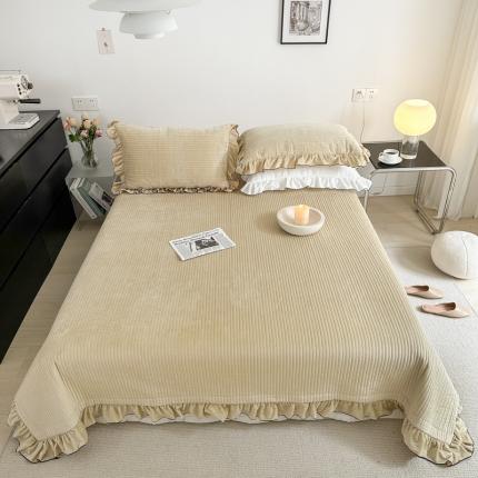 漫调2022新款纯色宝宝绒荷叶边床盖三件套 浅咖