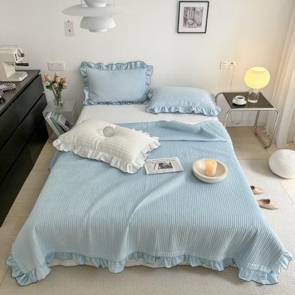 漫调2022新款纯色宝宝绒荷叶边床盖三件套 天蓝