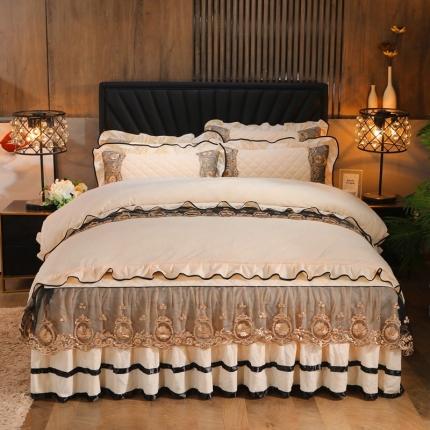 91家纺网 家纺一手货源 找家纺 瑞宝2025新款瑞丽水晶绒床裙款四件套 米白