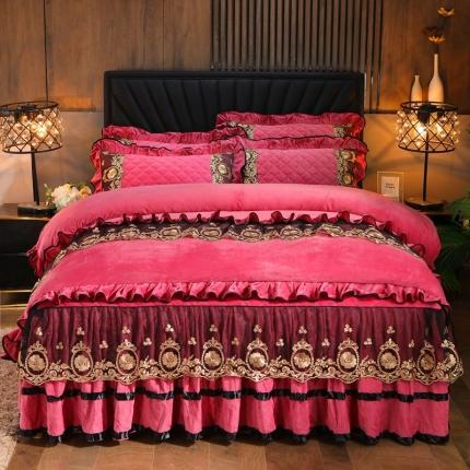 91家纺网 家纺一手货源 找家纺 瑞宝2025新款瑞丽水晶绒床裙款四件套 豆沙