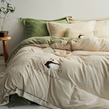 91家纺网 家纺一手货源 找家纺 （总）2022锦芙全消光牛奶绒花花思竹熊猫系列（风格一） 花花思竹-云白