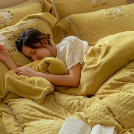 91家纺网 家纺一手货源 找家纺 馨蕊家居 2022新款轻奢煦暖绒莫奈系列四件套-第 二组 莫奈-氧气黄