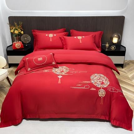 91家纺网 家纺一手货源 找家纺 栩裕纺织 2025新款亲肤刺绣绣花婚庆四件套 双喜临门