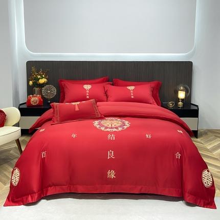 91家纺网 家纺一手货源 找家纺 栩裕纺织 2025新款亲肤刺绣绣花婚庆四件套 喜结良缘