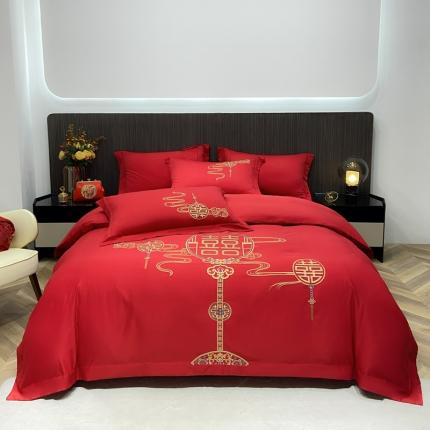 91家纺网 家纺一手货源 找家纺 栩裕纺织 2025新款亲肤刺绣绣花婚庆四件套 心心相印