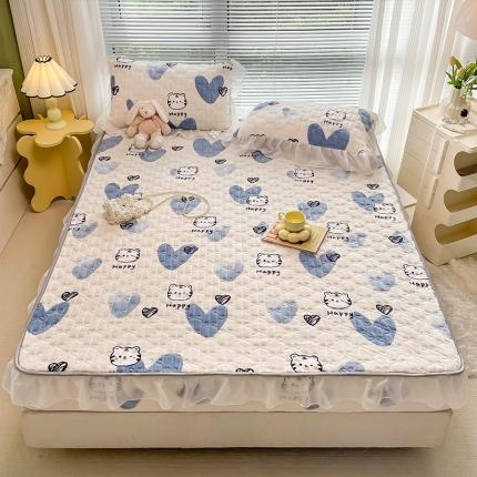 91家纺网 家纺一手货源 找家纺 安哆啦 2022新款绗缝加厚磨毛夹棉花边牛奶绒床笠 蓝色爱心虎