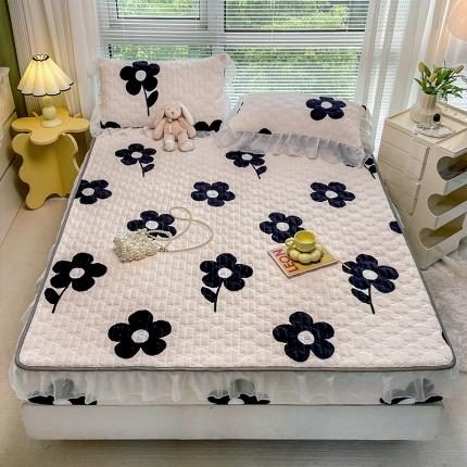 91家纺网 家纺一手货源 找家纺 安哆啦 2022新款绗缝加厚磨毛夹棉花边牛奶绒床笠 山茶花花