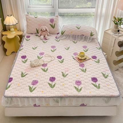 91家纺网 家纺一手货源 找家纺 安哆啦 2022新款绗缝加厚磨毛夹棉花边牛奶绒床笠 紫色郁金香