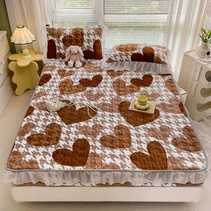安哆啦 2022新款绗缝加厚磨毛夹棉花边牛奶绒床笠 爱心千鸟格