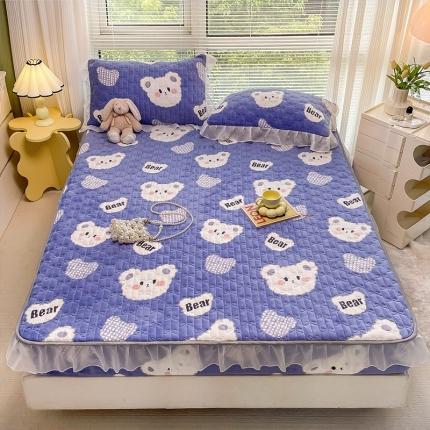 安哆啦 2022新款绗缝加厚磨毛夹棉花边牛奶绒床笠 饼干小熊仔