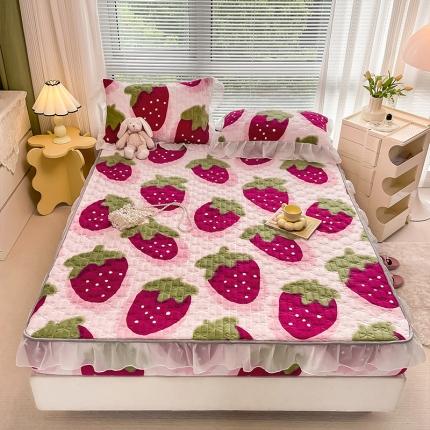 安哆啦 2022新款绗缝加厚磨毛夹棉花边牛奶绒床笠 草莓甜心