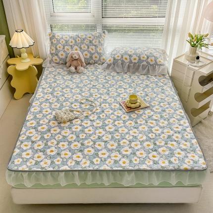 安哆啦 2022新款绗缝加厚磨毛夹棉花边牛奶绒床笠 淡蓝花海
