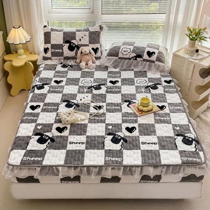 安哆啦 2022新款绗缝加厚磨毛夹棉花边牛奶绒床笠 格子羊咩咩