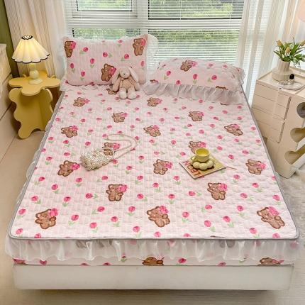 安哆啦 2022新款绗缝加厚磨毛夹棉花边牛奶绒床笠 花朵熊熊