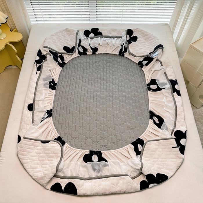 91家纺网 家纺一手货源 找家纺 安哆啦 2022新款绗缝加厚磨毛夹棉花边牛奶绒床笠 山茶花花