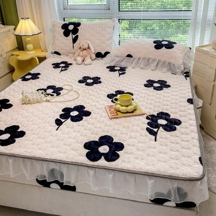 安哆啦 2022新款绗缝加厚磨毛夹棉花边牛奶绒床笠 山茶花花