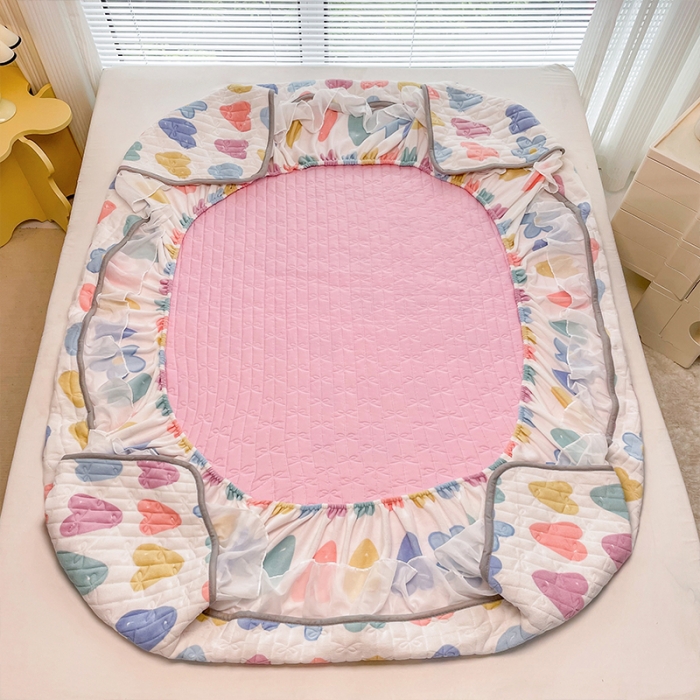 91家纺网 家纺一手货源 找家纺 安哆啦 2022新款绗缝加厚磨毛夹棉花边牛奶绒床笠 心花怒放