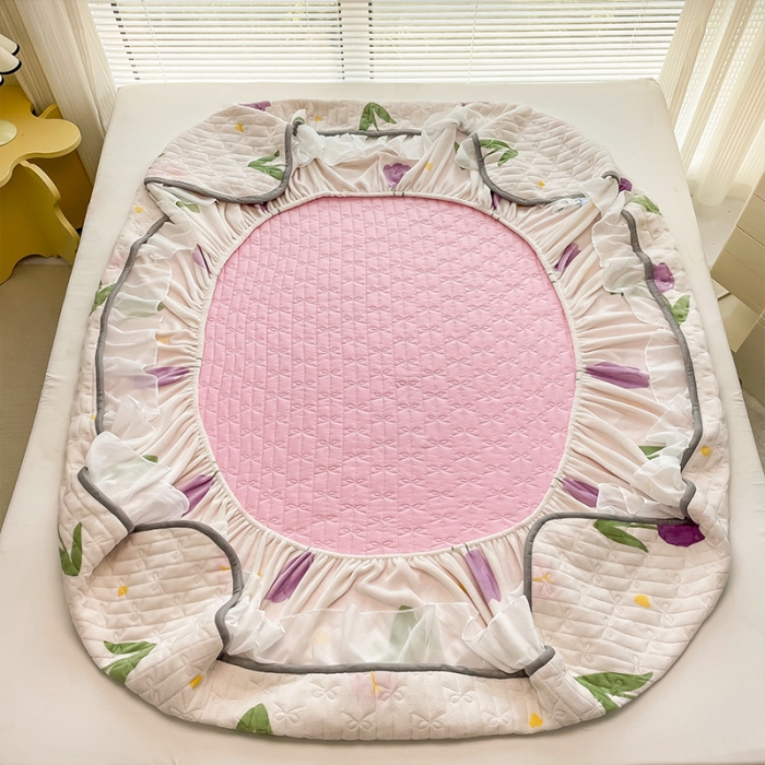 91家纺网 家纺一手货源 找家纺 安哆啦 2022新款绗缝加厚磨毛夹棉花边牛奶绒床笠 紫色郁金香