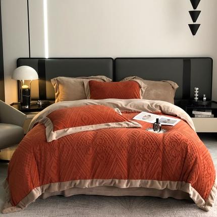 91家纺网 家纺一手货源 找家纺 宜代光年 2023新款230克牛奶绒麦穗水瓶花系列四件套 水平花-橙