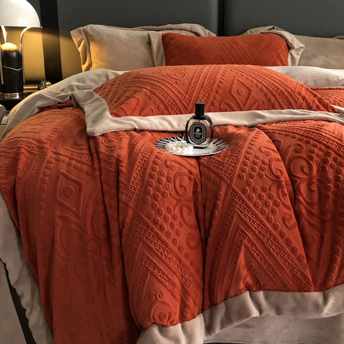 91家纺网 家纺一手货源 找家纺 宜代光年 2023新款230克牛奶绒麦穗水瓶花系列四件套 水平花-橙