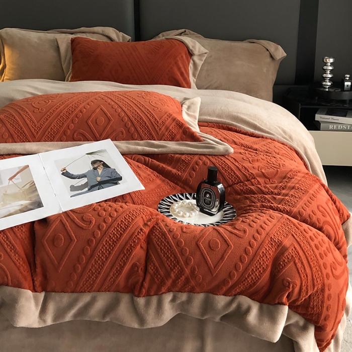 91家纺网 家纺一手货源 找家纺 宜代光年 2023新款230克牛奶绒麦穗水瓶花系列四件套 水平花-橙