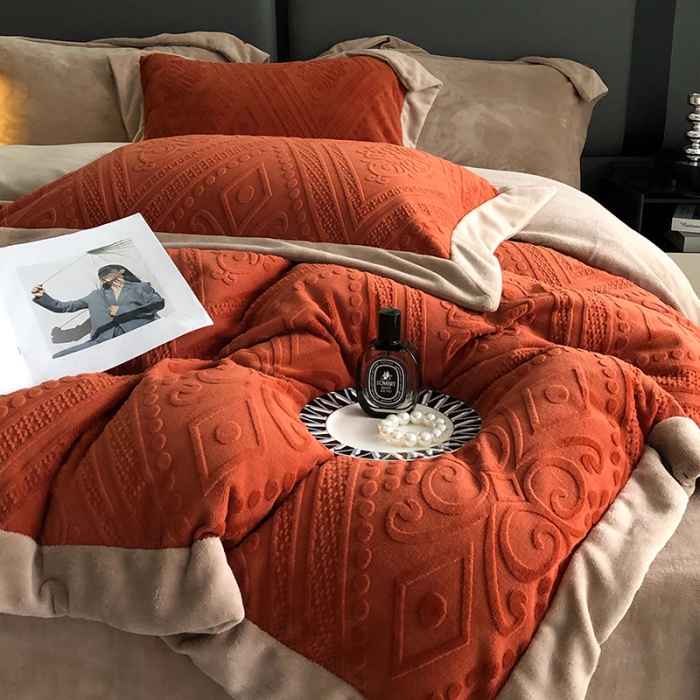 91家纺网 家纺一手货源 找家纺 宜代光年 2023新款230克牛奶绒麦穗水瓶花系列四件套 水平花-橙