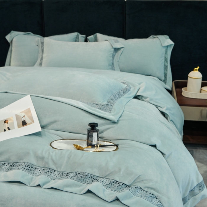 91家纺网 家纺一手货源 找家纺 榻尚 2023新款婴肤绒镂空工艺四件套-柔梦系列  海岛绿