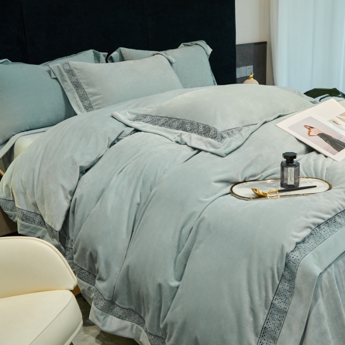 91家纺网 家纺一手货源 找家纺 榻尚 2023新款婴肤绒镂空工艺四件套-柔梦系列  海岛绿