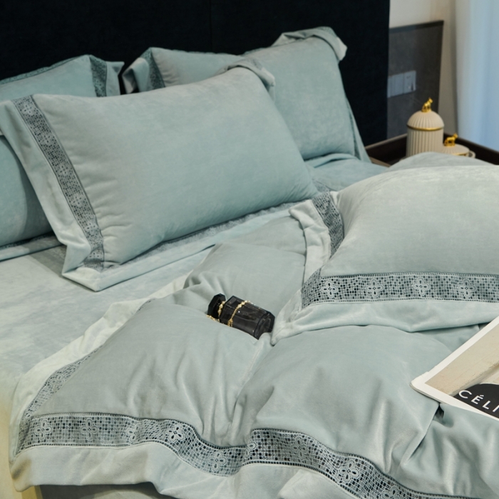 91家纺网 家纺一手货源 找家纺 榻尚 2023新款婴肤绒镂空工艺四件套-柔梦系列  海岛绿