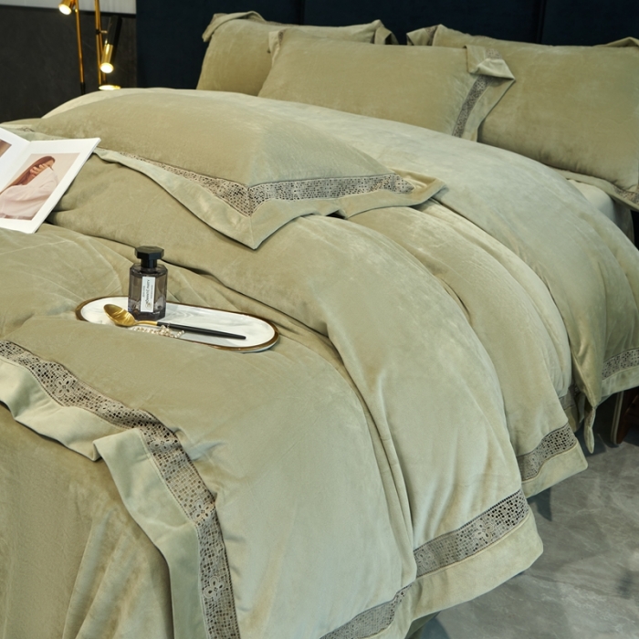 91家纺网 家纺一手货源 找家纺 榻尚 2023新款婴肤绒镂空工艺四件套-柔梦系列 牛油果