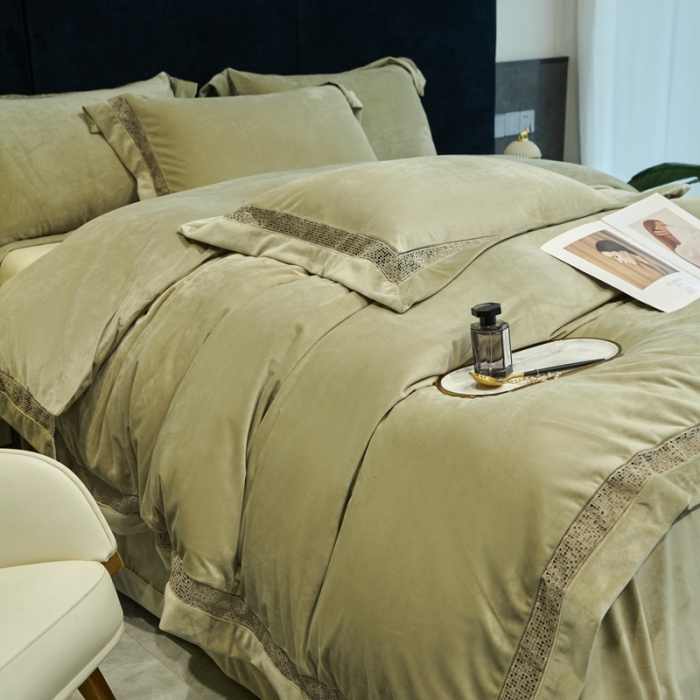 91家纺网 家纺一手货源 找家纺 榻尚 2023新款婴肤绒镂空工艺四件套-柔梦系列 牛油果