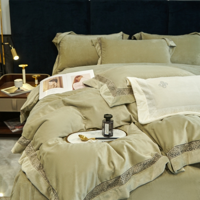 91家纺网 家纺一手货源 找家纺 榻尚 2023新款婴肤绒镂空工艺四件套-柔梦系列 牛油果