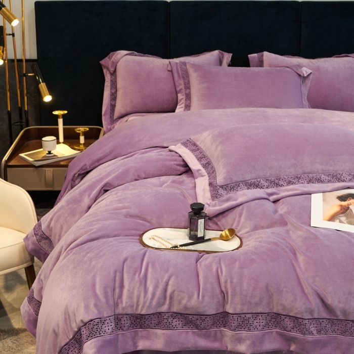 91家纺网 家纺一手货源 找家纺 榻尚 2023新款婴肤绒镂空工艺四件套-柔梦系列 嫣然紫