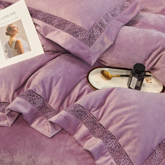 91家纺网 家纺一手货源 找家纺 榻尚 2023新款婴肤绒镂空工艺四件套-柔梦系列 嫣然紫