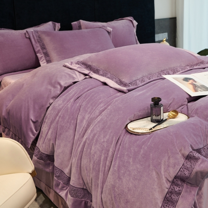 91家纺网 家纺一手货源 找家纺 榻尚 2023新款婴肤绒镂空工艺四件套-柔梦系列 嫣然紫