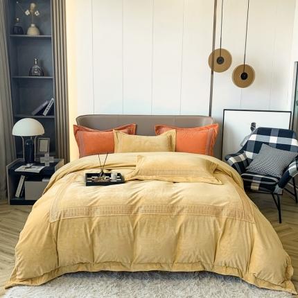 91家纺网 家纺一手货源 找家纺 淼铭家纺 新款A类婴肤绒水溶花边牛奶绒四件套-雅-金秋黄